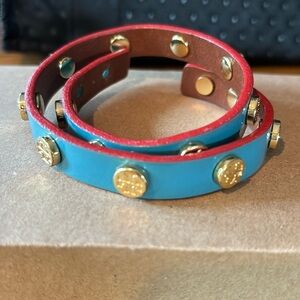 Tory Burch blue leather double wrap bracelet